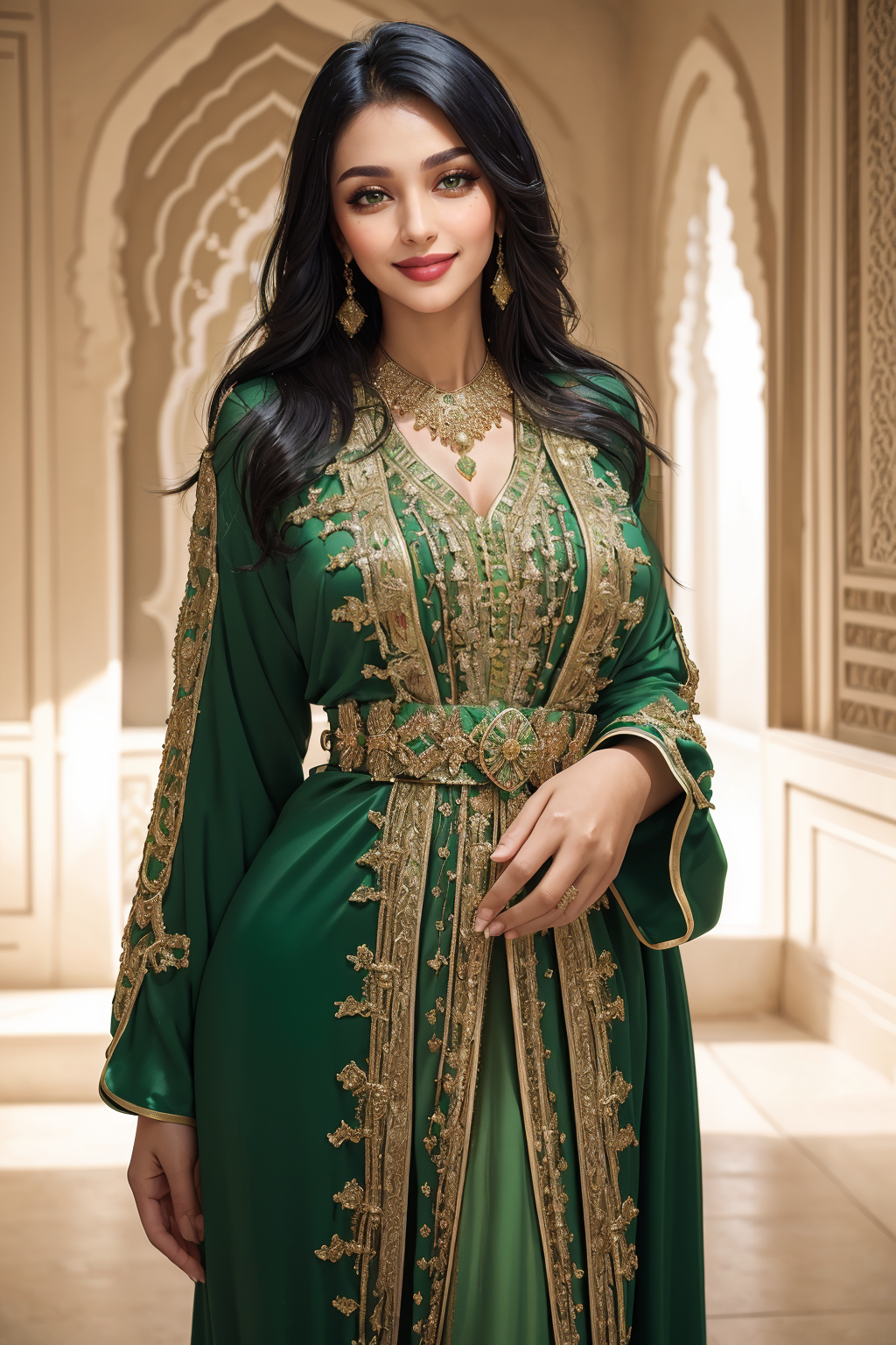 14084-1615137395-((masterpiece,best quality,edgQuality)),(smile),looking at viewer,standing,_edgCaftan, a woman in a green robe ,wearing edgCafta.png